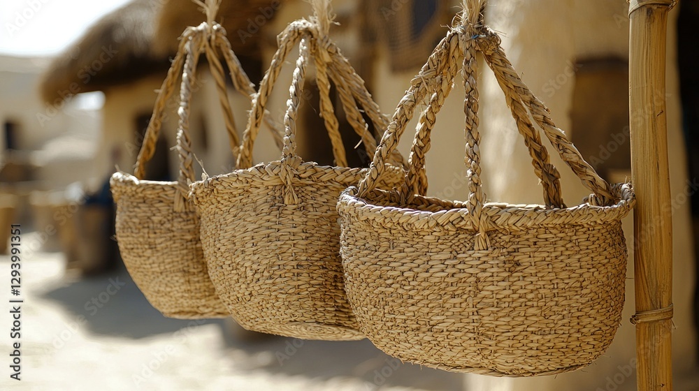 Obraz premium Woven Baskets Hanging in Village Setting