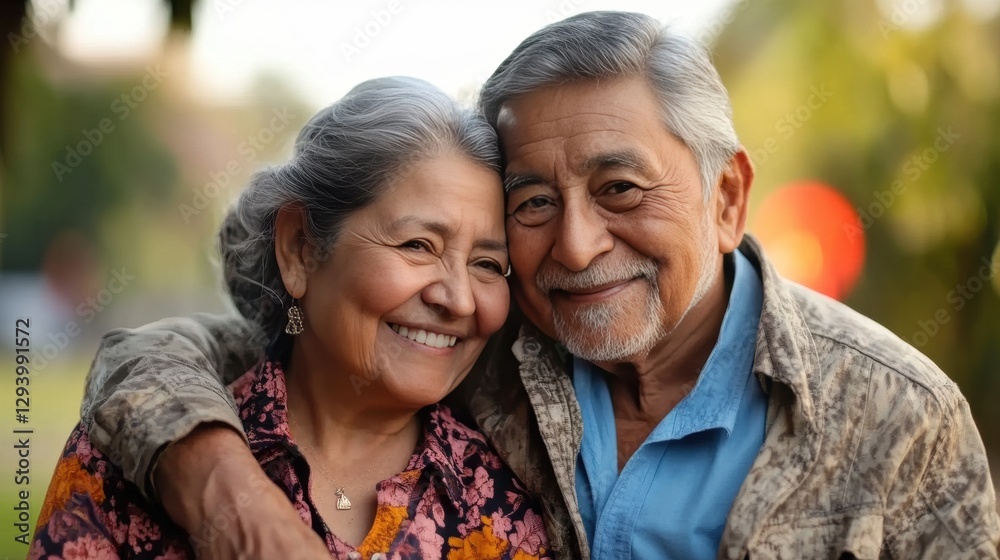 Elderly Hispanic couple smiling with arms wrapped around each other, radiating warmth, deep bond, and cultural pride Elderly Hispanic couple smiling with arms wrapped around each other, radiating warmth, deep bond, and cultural pride