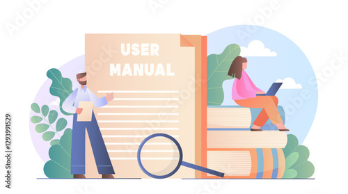 User manual with person pointing and another sitting on books with laptop, flat graphic style, on white background. Concept of education and learning. Vector illustration