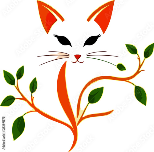 A stunning minimalist illustration of a cat, elegantly adorned with green leaves and organic elements. The graceful combination of feline form and botanical details creates a harmonious