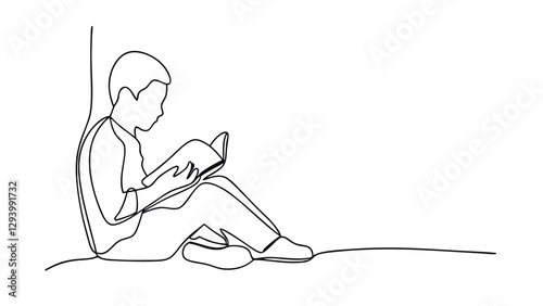 Singleline drawing of a boy engrossed in reading a book while seated against a wall. Simple, minimalist illustration focusing on the act of reading and learning.