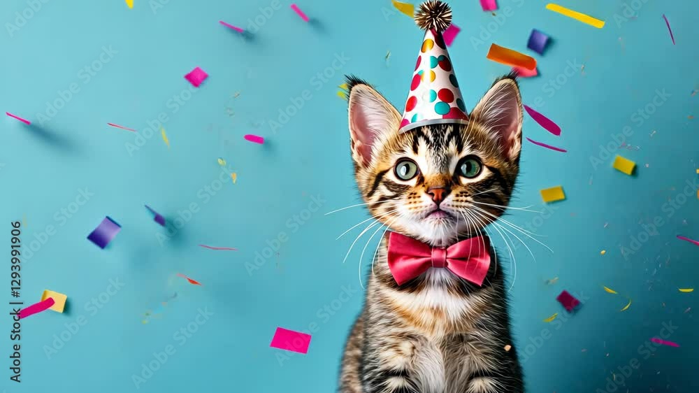 Celebratory Kitty: A charming kitten, adorned with a party hat and bow tie, is the focal point of this festive scene, surrounded by a cascade of colorful confetti. Celebratory Kitty: A charming kitten, adorned with a party hat and bow tie, is the focal point of this festive scene, surrounded by a cascade of colorful confetti.