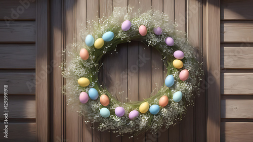Festive Easter wreath adorned with colorful eggs and flowers on a wooden door