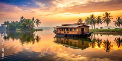 Houseboat on serene backwaters of Alappuzha at sunrise, morning light, reflection,  morning light, reflection, houseboat