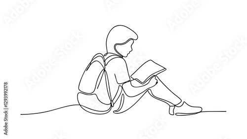 A continuous line drawing depicts a student with a backpack, sitting outdoors, engrossed in reading a book. Simple, minimalist style.