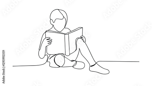 Child engrossed in reading a book, line art illustration