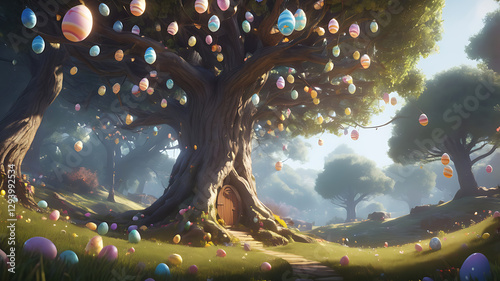 Magical Easter scene with a tree decorated with colorful eggs in a whimsical forest