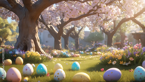 Spring Easter scene with colorful eggs among blooming trees and flowers in a sunny garden