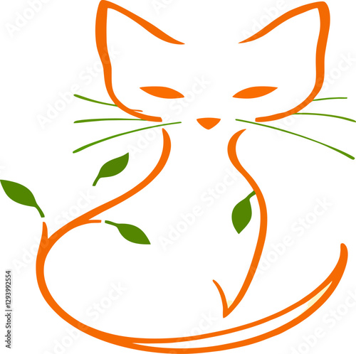 A simple yet elegant illustration of a cat, designed with flowing lines and integrated botanical elements. The harmonious blend of orange and green creates a serene 