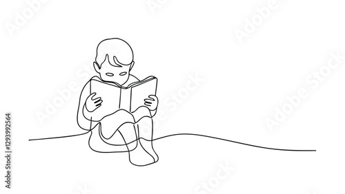 A minimalist line drawing depicts a young child engrossed in reading a book while sitting on the ground. The illustration uses a single continuous line.