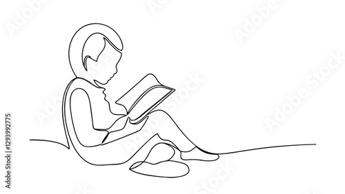 A minimalist line drawing depicts a young child seated, deeply immersed in reading a book. The simple style emphasizes the act of reading.