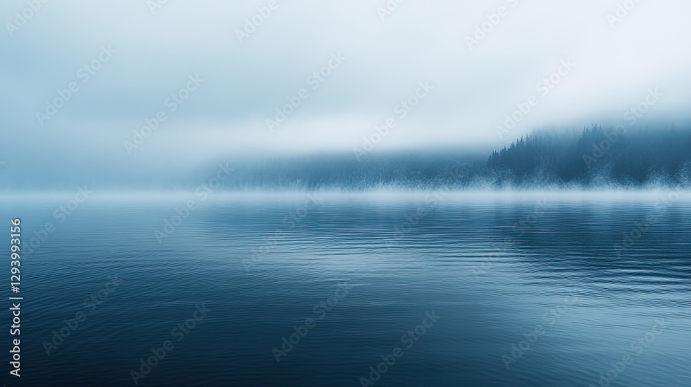 Fototapeta premium Misty fog blurring the outline of a lake, with subtle light reflections and a peaceful, serene vibe.