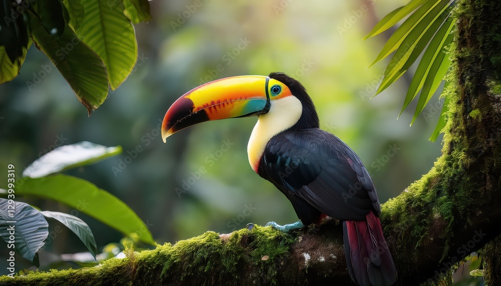 Fototapeta premium Vibrant Toucan in the Lush Emerald Canopy of the Amazon Rainforest, Amidst Dappled Sunlight and Abundant Flora, Showcasing Natures Rich Palette.