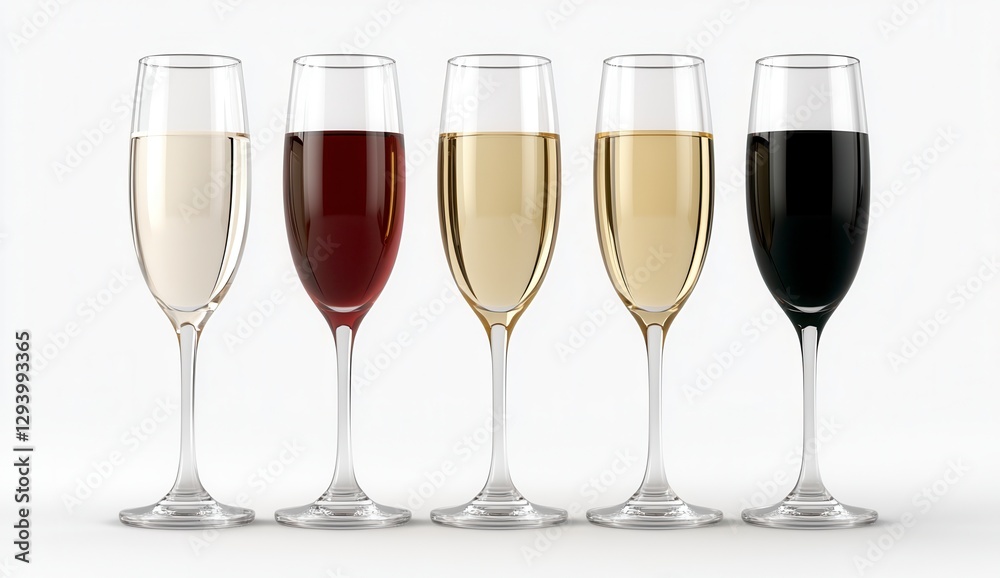 Five glasses of wine of different colors and types are arranged in a row against a white background. The image is digitally rendered and clean Five glasses of wine of different colors and types are arranged in a row against a white background. The image is digitally rendered and clean