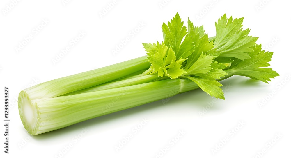 Fototapeta premium A fresh celery stalk with leaves attached on a white background