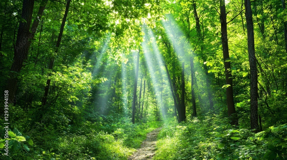 Fototapeta premium Sunbeams illuminate a lush green forest path. Vibrant foliage surrounds a dirt trail, creating a serene and tranquil atmosphere. Sunlight filters