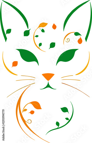 A beautifully designed minimalist cat face illustration, creatively infused with green and orange botanical elements. This nature-inspired artwork combines elegance 
