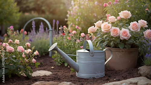 Watering can beside blooming roses and vibrant flowers in a charming garden setting at sunset