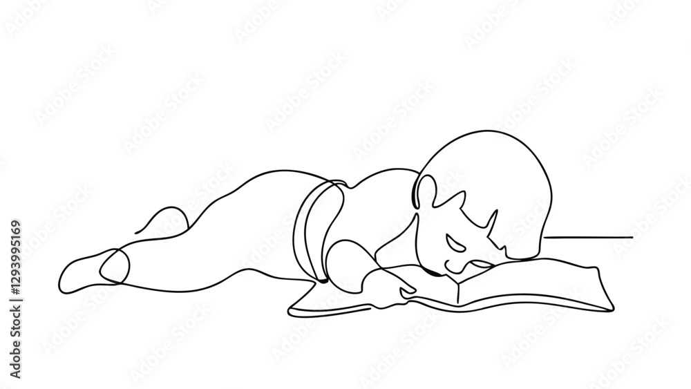 Obraz premium A singleline drawing depicts a child lying on the floor, engrossed in reading a book. The minimalist style emphasizes the childs focus and enjoyment of reading.