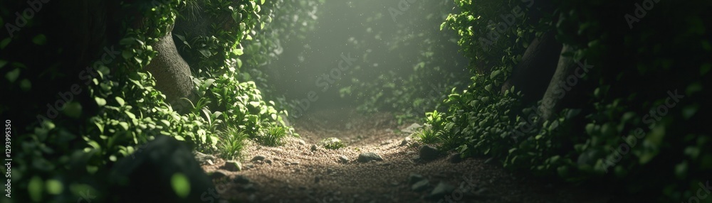 Fototapeta premium Lush Forest Path, Sunlight, Peaceful Scene, Nature