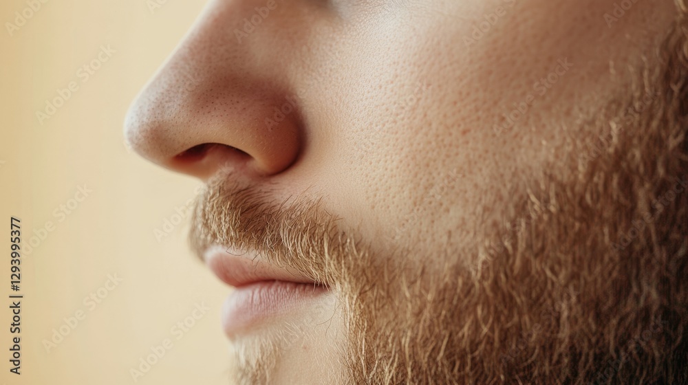 Close-up view of a male nose with long hair, showcasing body care and grooming concept, highlighting details of skin and hair care in a macro perspective for health and wellness themes Close-up view of a male nose with long hair, showcasing body care and grooming concept, highlighting details of skin and hair care in a macro perspective for health and wellness themes