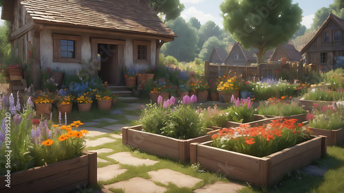 Charming flower garden with vibrant pots and raised beds next to a cozy cottage