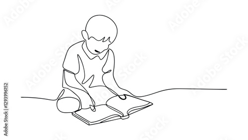 A minimalist line drawing depicts a young boy seated on the ground, deeply absorbed in reading an open book. Simple, elegant, and evocative of learning and childhood.