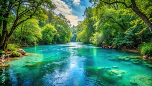 River flowing through a serene forest with a peaceful turquoise water , natural beauty