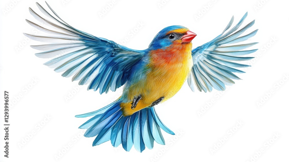 Obraz premium A vivid watercolor of a blue and yellow finch soaring gracefully, wings wide, head tilting elegantly leftward in flight