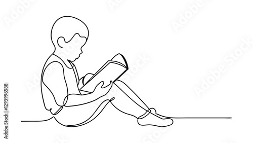 A singleline drawing depicts a young boy sitting, engrossed in reading a book. Simple, minimalist style illustration of a child engaged in learning.