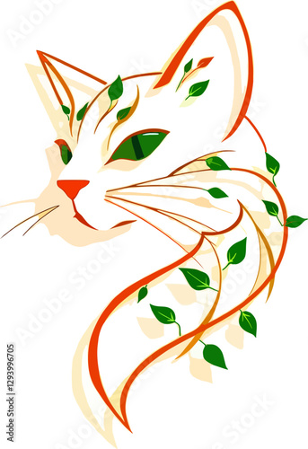 A beautifully designed cat portrait with a unique botanical touch, blending natural elements with elegant feline features. 