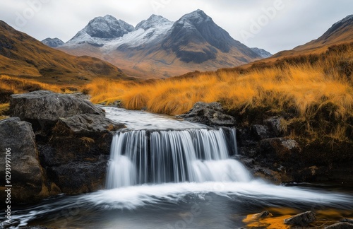 A breathtaking waterfall flows over dark rocks in a golden autumn valley, framed by snow-capped mountains under a moody, overcast sky.  
