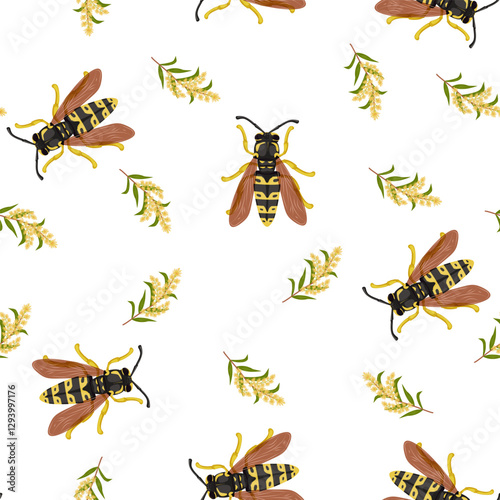 Floral seamless pattern with wasp insects on a white background and a yellow sprig of flowers. Vector illustration.