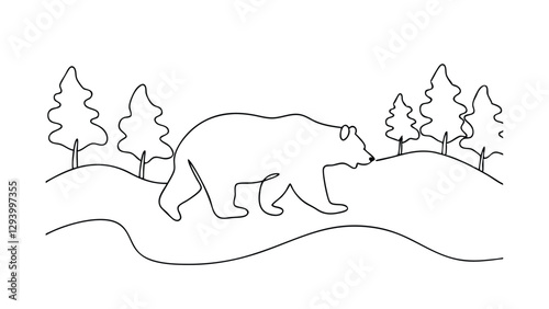 A simple line drawing depicts a grizzly bear traversing a gently rolling landscape dotted with evergreen trees. The minimalist style emphasizes the bears form and natural surroundings.
