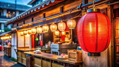 Colorful Japanese street food stall with a large red lantern hanging above the entrance, asian cuisine, japanese street food