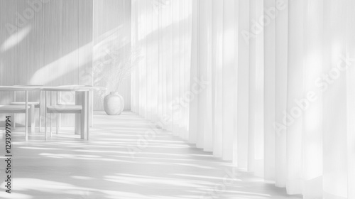 A white room with a table and chairs, and a vase on the table
