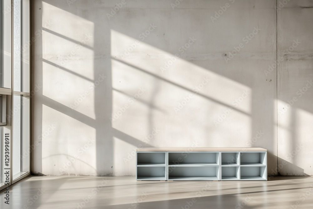 Fototapeta premium Minimalist shelf unit in light filled room.
