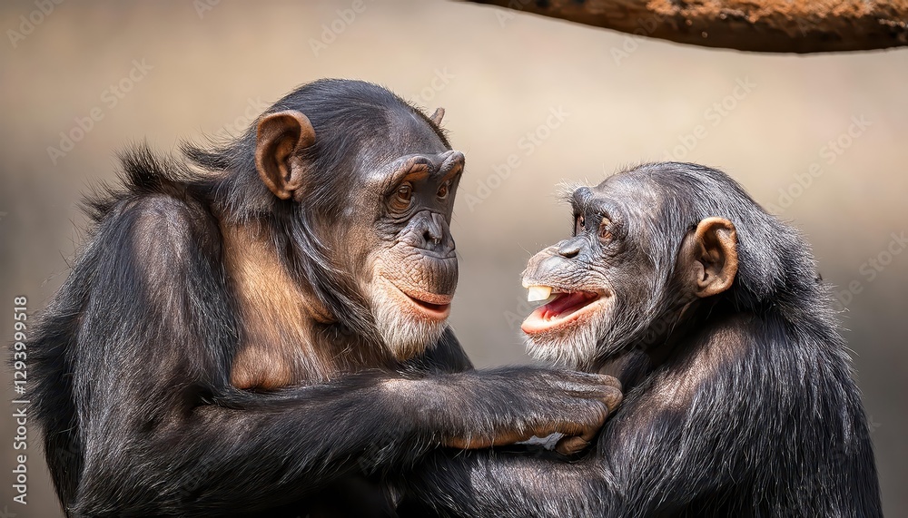 Lively Chimpanzee Duo Enjoying Sunset Amidst Tropical Rainforest, Filled with Vibrant Colors and Warm Light, Showcasing the Joyous Bond between These Intelligent Primates. Lively Chimpanzee Duo Enjoying Sunset Amidst Tropical Rainforest, Filled with Vibrant Colors and Warm Light, Showcasing the Joyous Bond between These Intelligent Primates.