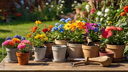 Wallpaper Mural Colorful potted flowers on a wooden table with gardening tools in a sunny garden setting Torontodigital.ca