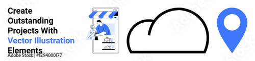Mobile screen displaying storefront, cloud symbol, and geolocation pin. Ideal for e-commerce, digital tools, cloud storage, geolocation, tech innovation, online services flat landing page banner