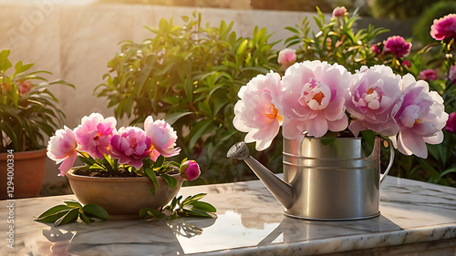 Silver watering can beside blooming peonies and potted flowers in a sunlit garden setting