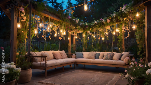 Cozy garden lounge with hanging flowers and warm lights creating a charming evening ambiance
