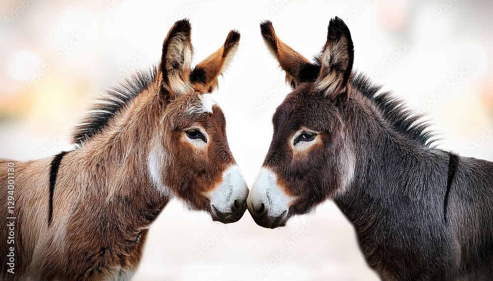 Two Adorable Miniature Donkeys Snuggling Warmth and Friendship in a Rustic Barnyard Scene, Embracing the Spirit of Bonding in Harmony. Two Adorable Miniature Donkeys Snuggling Warmth and Friendship in a Rustic Barnyard Scene, Embracing the Spirit of Bonding in Harmony.