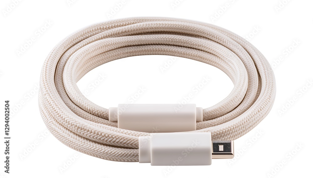A coiled cream colored cable with a single connector head A coiled cream colored cable with a single connector head