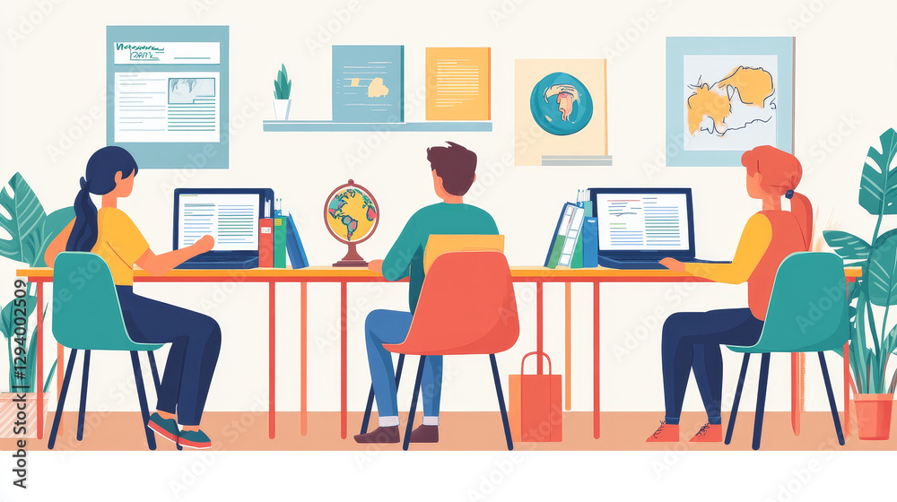 Education online for student, vector illustration, flat tiny man woman character learning at distance school class, sitting at books, armchair, globe. Education online for student, vector illustration, flat tiny man woman character learning at distance school class, sitting at books, armchair, globe.