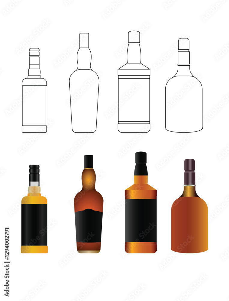Set of Whiskey bottle vector on white isolated Set of Whiskey bottle vector on white isolated