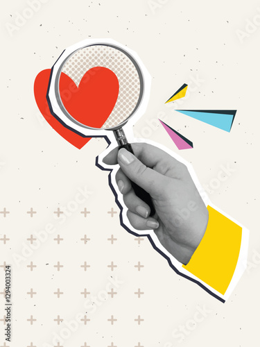 Hand with a magnifying glass look at the abstract heart symbol. Modern collage style. Vector illustration