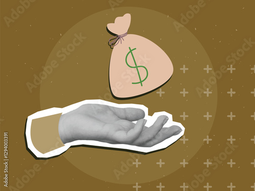 Black and white hand holding a sack with a dollars. Modern collage style. Vector illustration