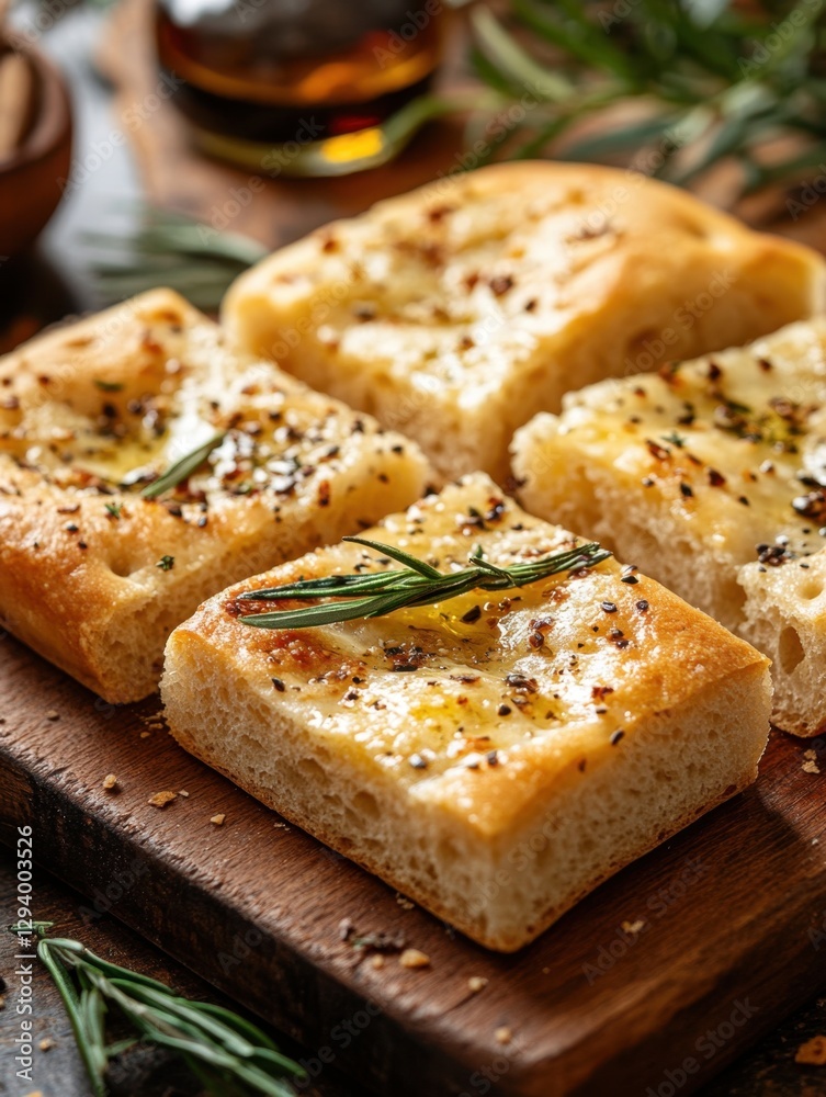 Delicious and Rustic Focaccia Bread on Wooden Board with Olive Oil and Rosemary Sprigs Italian Cuisine Delicious and Rustic Focaccia Bread on Wooden Board with Olive Oil and Rosemary Sprigs Italian Cuisine