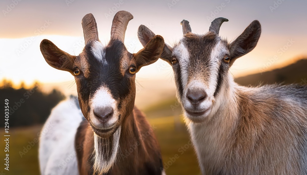 Two Curious Goats Gazing Intently Under a Gloomy Sky at Dusk, Capturing their Stark Expression and Eloquent Beauty against the Backdrop of a Rustic Landscape. Two Curious Goats Gazing Intently Under a Gloomy Sky at Dusk, Capturing their Stark Expression and Eloquent Beauty against the Backdrop of a Rustic Landscape.
